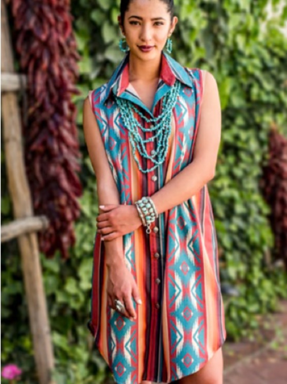Silverado Western Aztec Print Sleeveless Shirt Dress